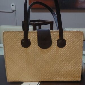 Beige Woven Tote Bag with Black Handles